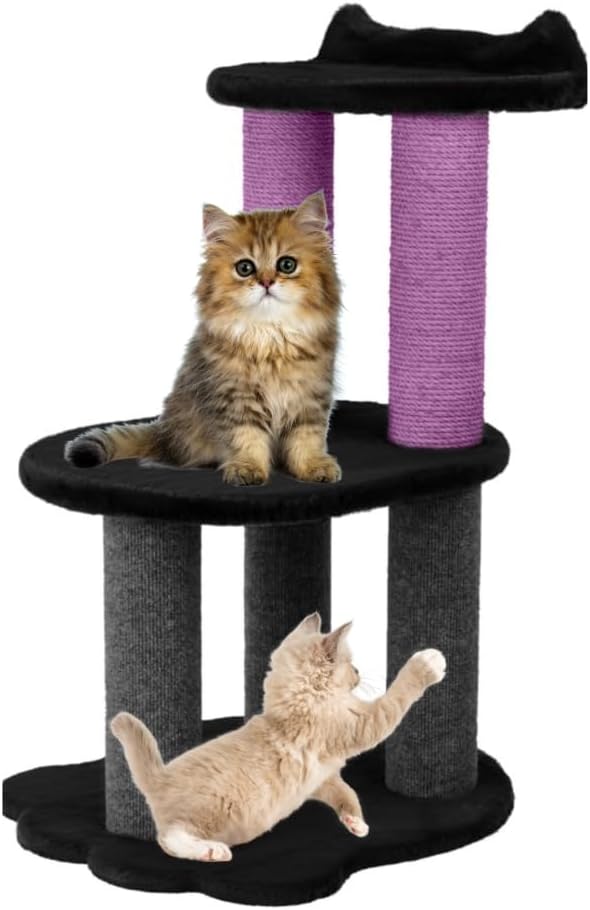 34 Inch Classic Comfort for Indoor Modern Premium Cats and Kittens Scratching Tower Larger Base for Better Stability, (Furs: Black, Rope: Purple)