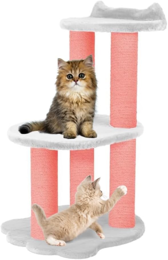 34 Inch Classic Comfort for Indoor Modern Premium Cats and Kittens Scratching Tower Larger Base for Better Stability, (Furs: White, Rope: Pink)