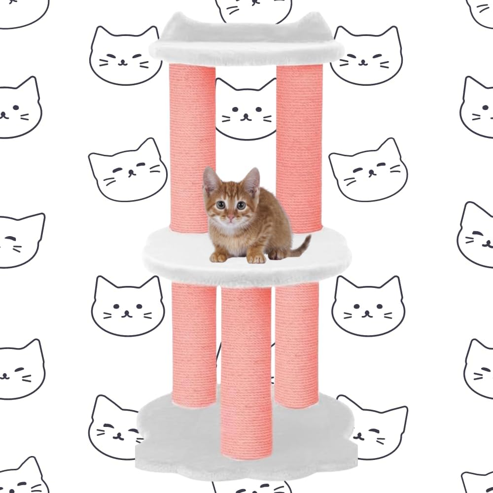 34 Inch Classic Comfort for Indoor Modern Premium Cats and Kittens Scratching Tower Larger Base for Better Stability, (Furs: White, Rope: Pink)