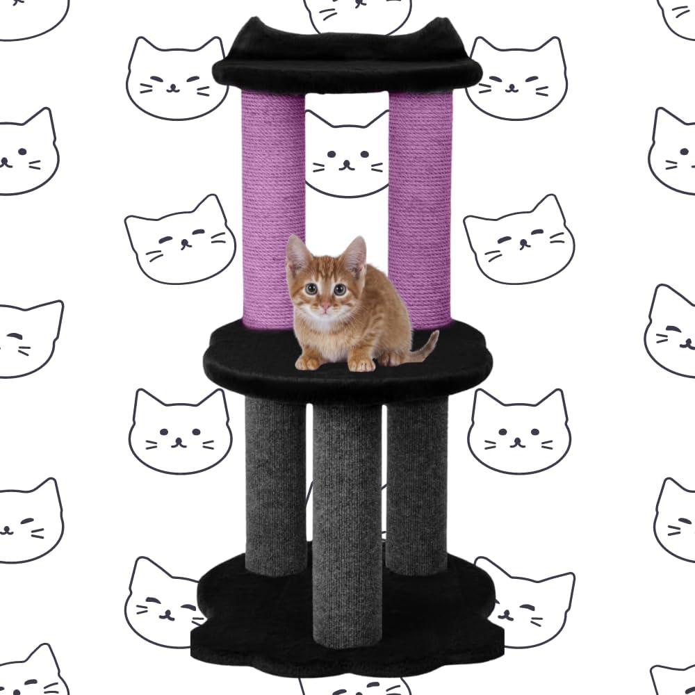 34 Inch Classic Comfort for Indoor Modern Premium Cats and Kittens Scratching Tower Larger Base for Better Stability, (Furs: Black, Rope: Purple)