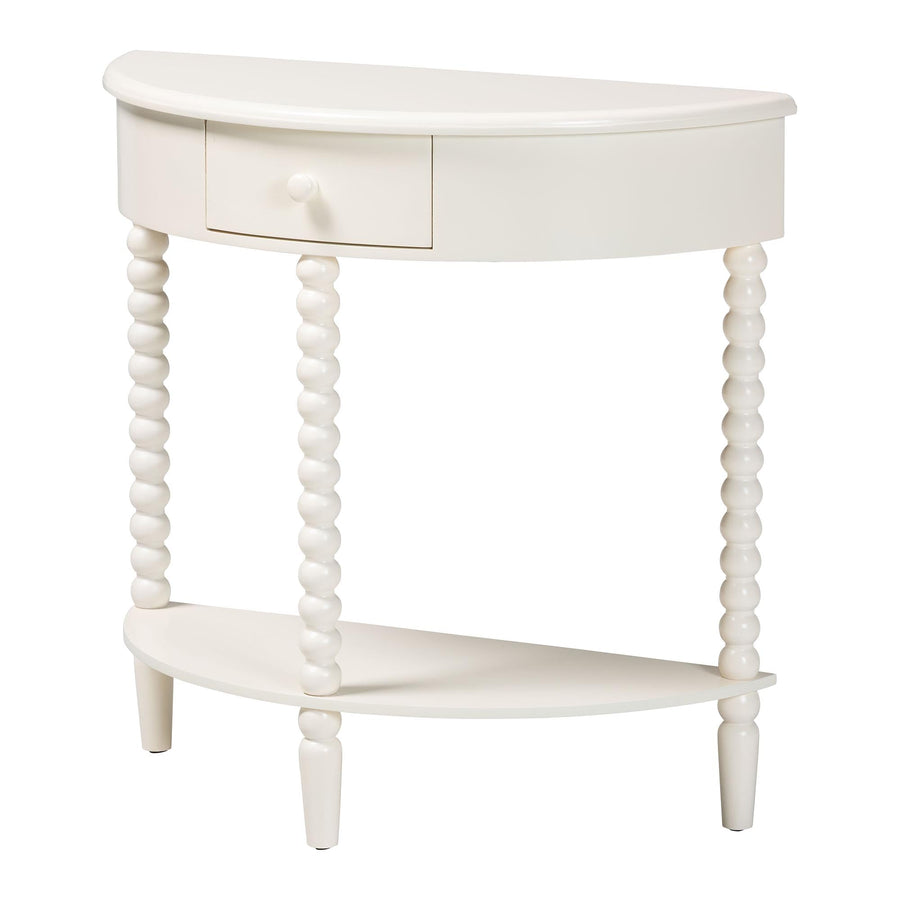 Baxton Studio Raynera Bobbin-Leg Demilune Console Table – Half-Moon Accent Table with 1 Drawer and Open Shelf, Cottage Farmhouse Entryway or Living Room Furniture