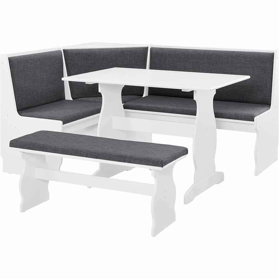 Oakestry Sasha Charcoal 3-Piece Corner Nook Dining Set with White Finish & Charcoal Upholstered Seats, Space-Saving Kitchen Breakfast Nook