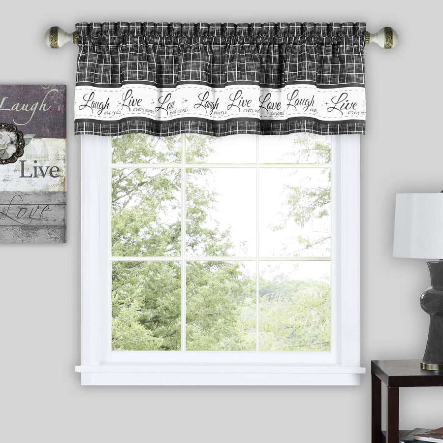 ACHIM Soft Valance Window Curtains - 58 Inch Width, 14 Inch Length - Live, Love Laugh (Charcoal) - Wrinkle-Free Light Filtering Polyester Drapes for Bedroom Living & Dining Room Home Decor