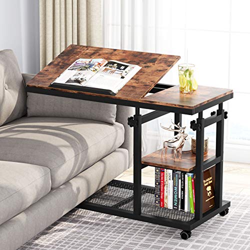 Tribesigns Height Adjustable C Table with Wheels Mobile Couch Snack Side Table (Brown)