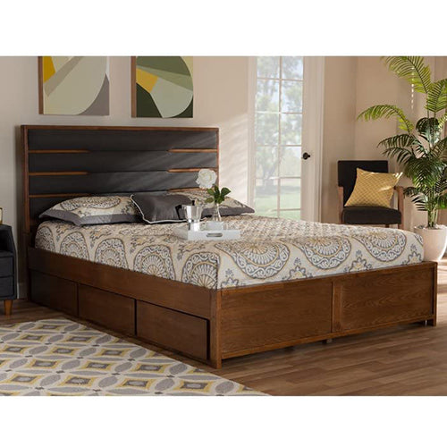 Elevate Your Bedroom with Elin Modern Dark Grey Upholstered Queen Size Platform Bed with Six Drawers for Convenient Storage