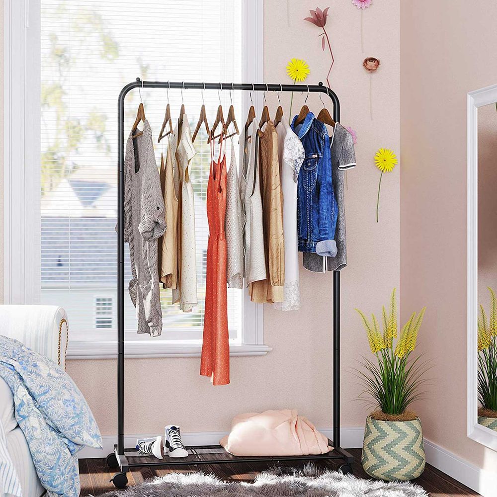 Black Clothes Rack with Wheels with Shelf