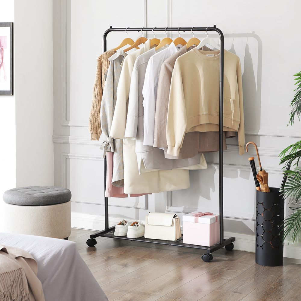 Black Clothes Rack with Wheels with Shelf