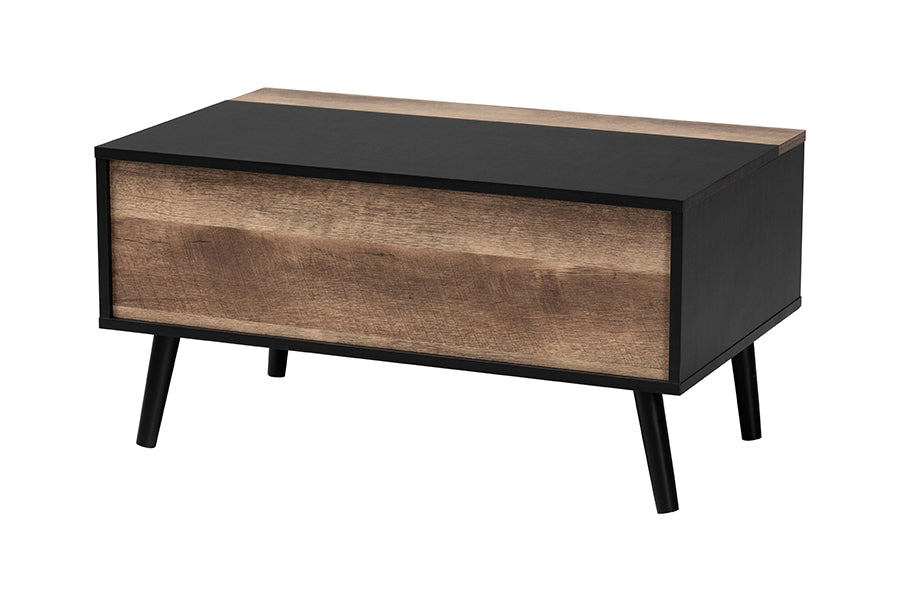 Baxton Studio Jensen Modern and Contemporary Two-Tone Black and Rustic Brown Finished Wood Lift Top Coffee Table with Storage Compartment