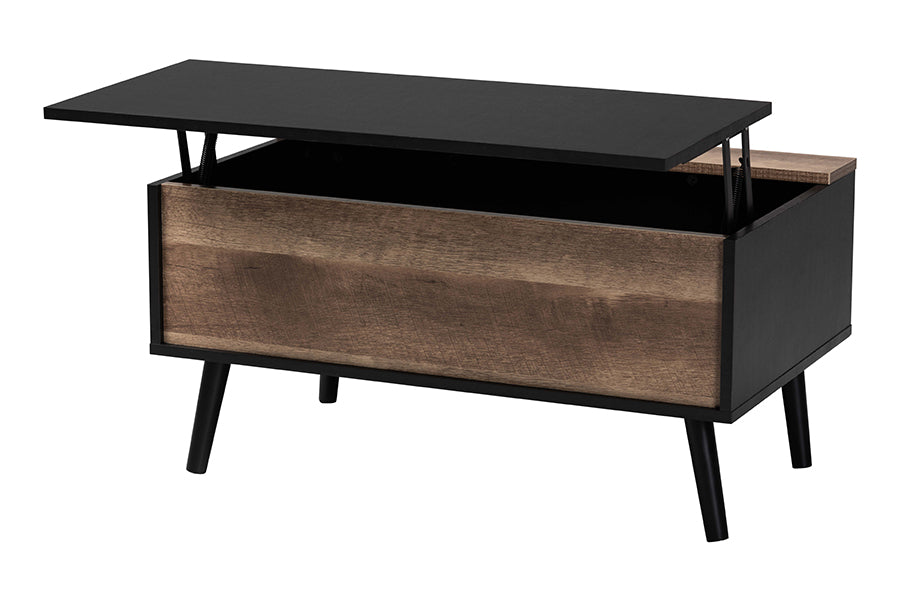 Baxton Studio Jensen Modern and Contemporary Two-Tone Black and Rustic Brown Finished Wood Lift Top Coffee Table with Storage Compartment