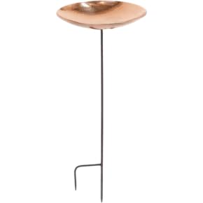 Polished Copper Birdbath with Garden Stake – Hammered Copper-Plated Stainless Steel Bowl, Roman Bronze Wrought Iron Stand