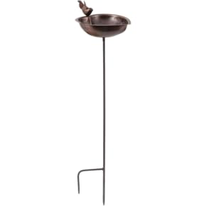 Heart Shaped Copper Birdbath with Garden Stake – Decorative Birdbath Bowl with Stylized Bird, Roman Bronze Wrought Iron Stand