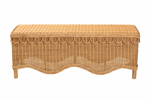 bali & pari Erla Bohemian Light Honey Rattan Accent Bench with Scallop border