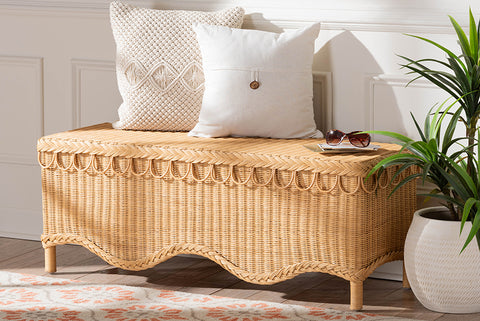 bali & pari Erla Bohemian Light Honey Rattan Accent Bench with Scallop border