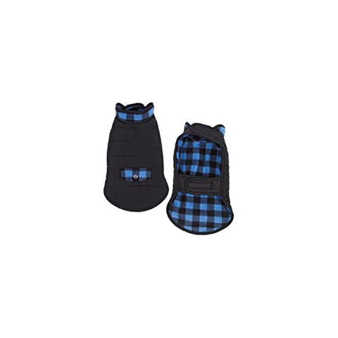 PetEdge Casual Canine Reversible Dog Parka - Blue Plaid (Medium)