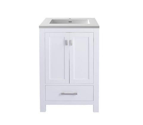 Oakestry Wilson Collection Solid Oak Bathroom Vanity with Integrated Sink, Soft Close Doors & Drawer, 4 Built-in Outlets, Matte White Solid Surface Top