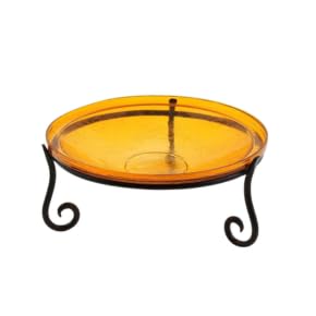 14" Mandarin Crackle Glass Birdbath Bowl – Hand-Blown Glass for Tabletop, Garden Stand, or Hanging, Vibrant Orange Accent