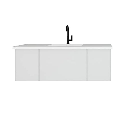 Oakestry Vitri 48 Inch Cloud White Bathroom Vanity Single Sink Viva Stone Matte White Solid Surface Countertop Freestanding Modern Storage Cabinet Soft Close Doors Luxury Washroom Furniture