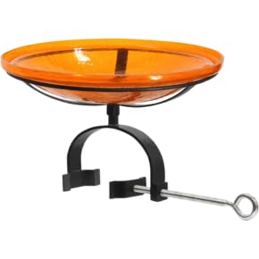 14" Mandarin Crackle Glass Birdbath – Over-Rail Bracket, Hand-Blown Glass Bowl with Black Wrought Iron Clamp
