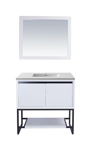 Oakestry Alto 36 Inch White Bathroom Vanity Matte White Viva Stone Solid Surface Countertop Modern Single Sink Freestanding Storage Soft Close Doors Washroom Cabinet