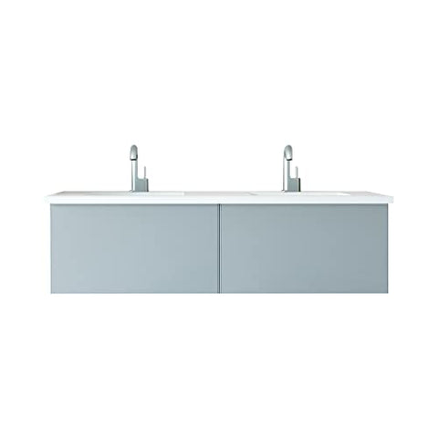Oakestry Vitri 60 Inch Fossil Grey Double Sink Bathroom Vanity Viva Stone Matte White Solid Surface Countertop Freestanding Modern Storage Cabinet Soft Close Doors Luxury Washroom Furniture