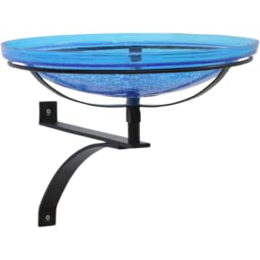14" Teal Crackle Glass Birdbath with Wall Mount Bracket – Hand-Blown Glass, Porch & Deck Friendly, Weather-Resistant Wrought Iron