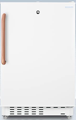 ACCUCOLD ADA302RFZTBC Built-in Undercounter ADA Compliant Refrigerator-Freezer in White with Pure Copper Towel Bar Handle, Manual Defrost, Glass Shelves, Front Lock and Door Storage