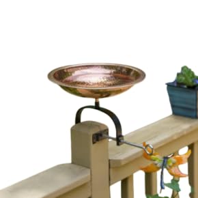 Hammered Copper Over-Rail Birdbath with Wide Rim & Wrought Iron Bracket – No-Drill Balcony, Deck & Porch Mount