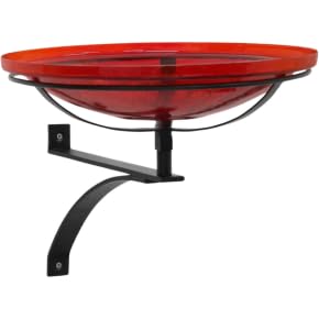 14" Red Crackle Glass Birdbath with Wall Mount Bracket – Hand-Blown Glass Bowl, Porch & Deck Friendly, Weather-Resistant Wrought Iron