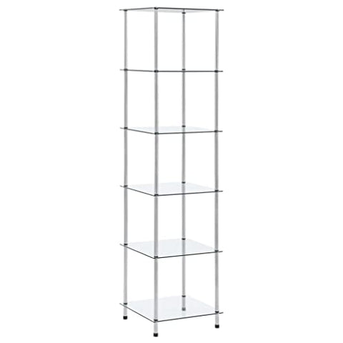 vidaXL 6-Tier Shelf - Transparent - Tempered Glass and Stainless Steel - Modern Style Freestanding Shelving Unit for Living Room, Office, Bathroom