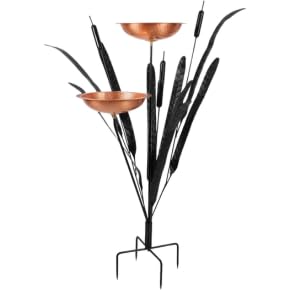 Double Cattail Copper Birdbath with Wrought Iron Stand – Hand-Hammered Solid Copper Bowls, Black Powder-Coated Garden Stake