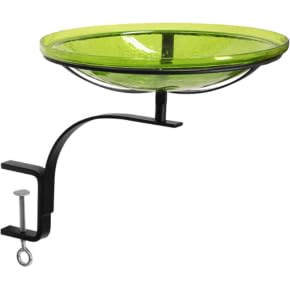 14" Fern Green Crackle Glass Birdbath – Rail-Mount Bracket, Hand-Blown Glass Bowl with Black Wrought Iron Clamp