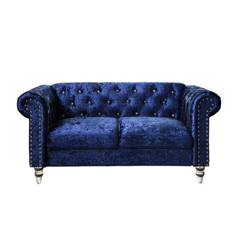 Dark Blue Velvet Tufted KD Loveseat - Blue