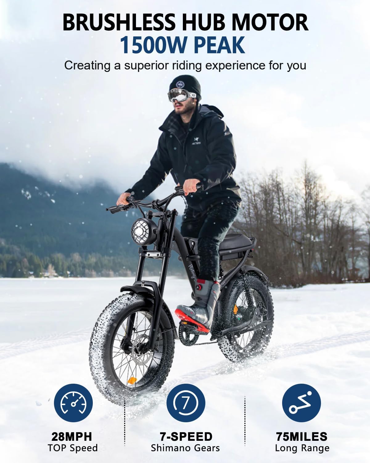 1500W Full-Suspension Electric Bike for Adults - 20" Fat Tire, Long Seat, 28MPH, 37-150 Mile Range, 750WH/1500WH Battery, All-Terrain Moped Style E-Bike for Snow, Mountains, Sand & Road