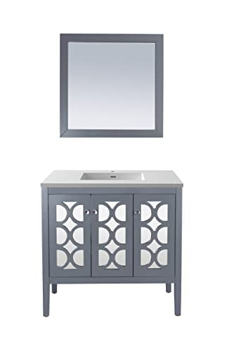 Oakestry Mediterraneo 36 Inch Grey Bathroom Vanity Matte White Viva Stone Solid Surface Countertop Modern Single Sink Freestanding Storage Soft Close Doors Luxury Washroom Cabinet