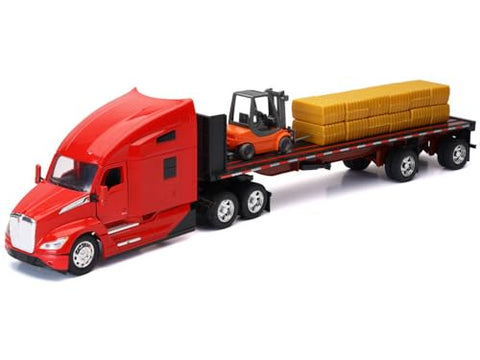 T680 Truck Red and Flatbed Trailer with Forklift and Hay Load Long Haul Trucker Series 1/32 Diecast Model by New Ray 12753 New-Ray Toys (CA) Inc.