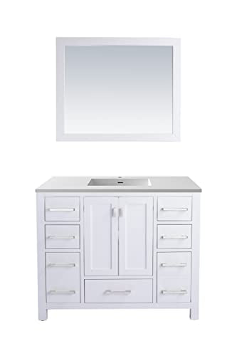 Oakestry Wilson Bathroom Vanity with Solid Surface Countertop & Integrated Sink, Solid Oak Wood Cabinet, Soft Close Doors & Drawers, 4 Outlets, White, Pre-Assembled