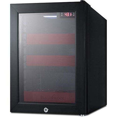 Summit Appliance LX114LRT1 BeautiFridge Compact Cosmetics Cooler with Mirror-Tinted Glass Door, Black; Digital Thermostat, Automatic Defrost, Factory Installed Lock, Bottle Shelf, Adjustable Shelves