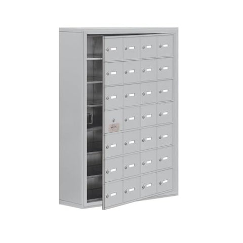 Salsbury Surface Mounted Cell Phone Locker with 28 A Doors (27 usable) in Aluminum - Keyed Locks