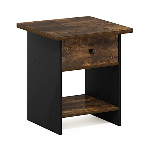 Furinno Dario End Table Side Table Storage Shelf with Bin Drawer Amber Oak/Black