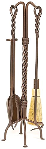 Oakestry Twisted Rope 5-Piece Wrought Iron Fireplace Tool Set, Roman Bronze