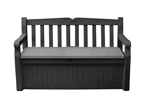 Keter Solana 70 Gallon Storage Bench Deck Box for Patio Storage, Front Porch Decor and Outdoor Seating – Perfect to Store Garden Tools and Pool Floats, Graphite