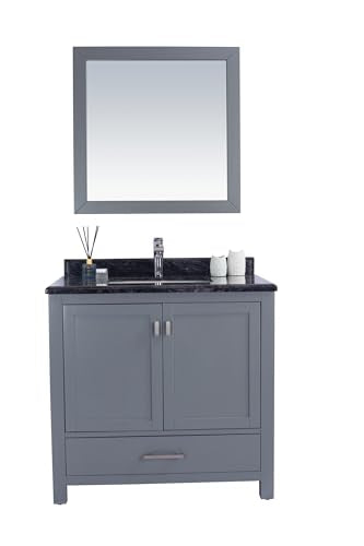 Oakestry Wilson Bathroom Vanity with Black Wood Marble Countertop, Undermount Ceramic Sink, Solid Oak Wood Cabinet, Soft-Close Doors, 4 Outlets, Grey