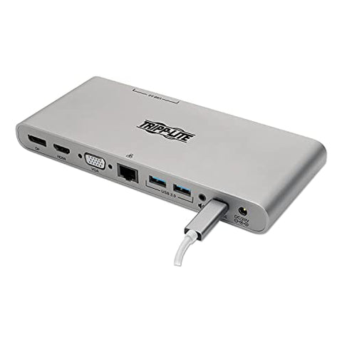 New! Tripp Lite USB C Docking Station w/ USB-A Hub, USB Type C, HDMI, VGA, DP, Gbe Gigabit Ethernet PD Charging 4K@ 30Hz, Portable, Thunderbolt 3 Silver (U442-DOCK4-S)