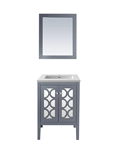 Oakestry Mediterraneo 24 Inch Grey Bathroom Vanity Matte White Viva Stone Solid Surface Countertop Modern Single Sink Freestanding Storage Soft Close Doors Compact Washroom Cabinet