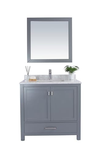 Oakestry Wilson Bathroom Vanity with White Carrara Marble Countertop, Undermount Ceramic Sink, Solid Oak Wood Cabinet, Soft-Close Doors, 4 Outlets, Grey