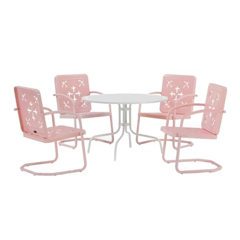 Azalea 5-Piece Round Retro Outdoor Dining Set Pastel Pink Gloss/White Satin - Table & 4 Chairs