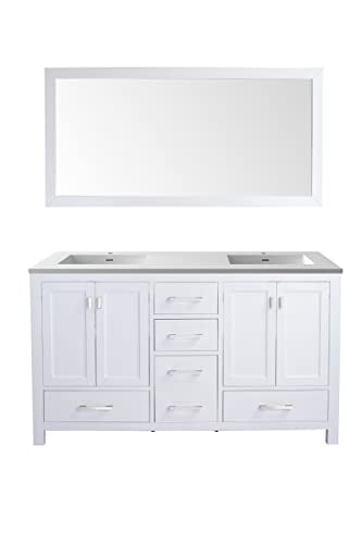 Oakestry Wilson Bathroom Vanity with Solid Surface Countertop, Integrated Sink, Solid Oak Wood Cabinet, Soft Close Doors & Drawers, 4 Built-in Outlets, White