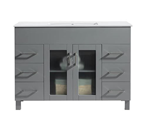 Oakestry Nova 48 Inch Grey Bathroom Vanity Single Sink White Ceramic Basin Countertop Freestanding Modern Storage Cabinet Soft Close Doors Contemporary Washroom Furniture