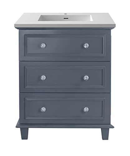 Oakestry Luna 30 Inch Maple Grey Bathroom Vanity Matte White Viva Stone Solid Surface Countertop Modern Single Sink Freestanding Storage Soft Close Doors Washroom Cabinet