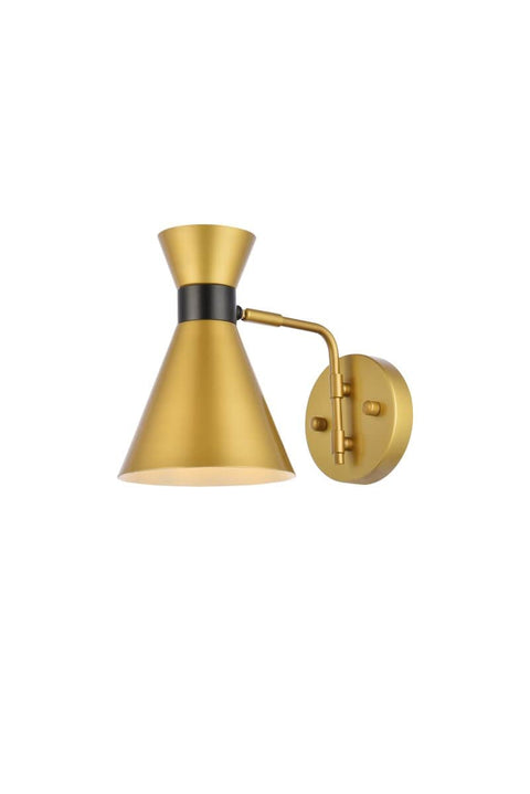 Living District Halycon Midcentury Modern 6" Brass and Black Bathroom Wall Sconce with Round Backplate and Metal Shade